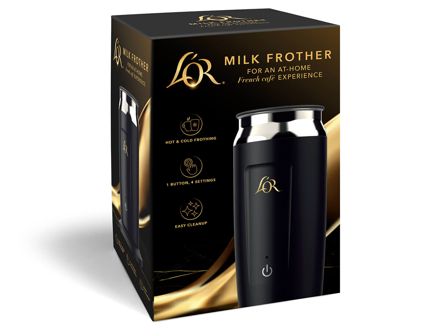 Milk frother packaging with brand logo on a white background