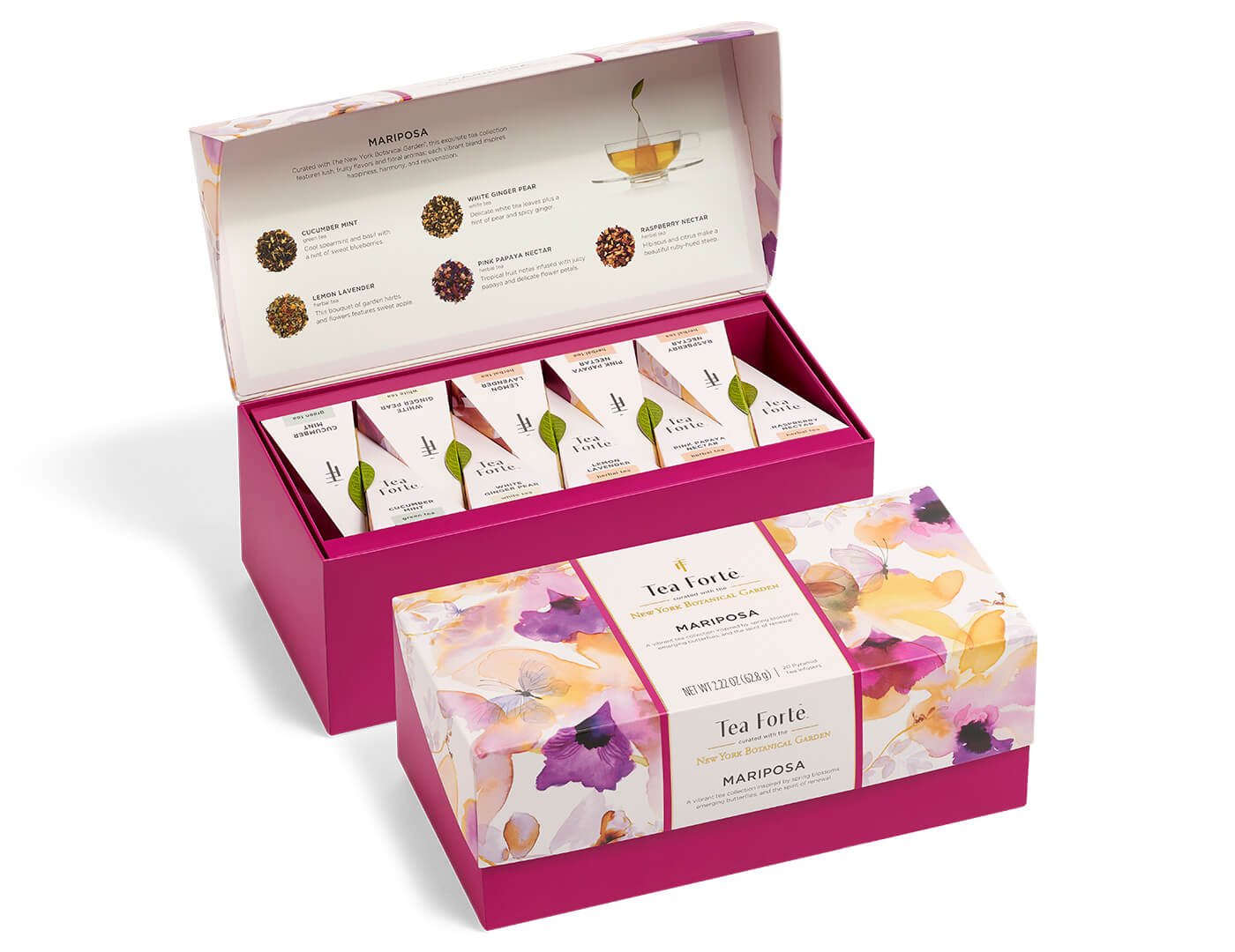 Mariposa Presentation Box of 20 pyramid tea infusers, open and closed boxes