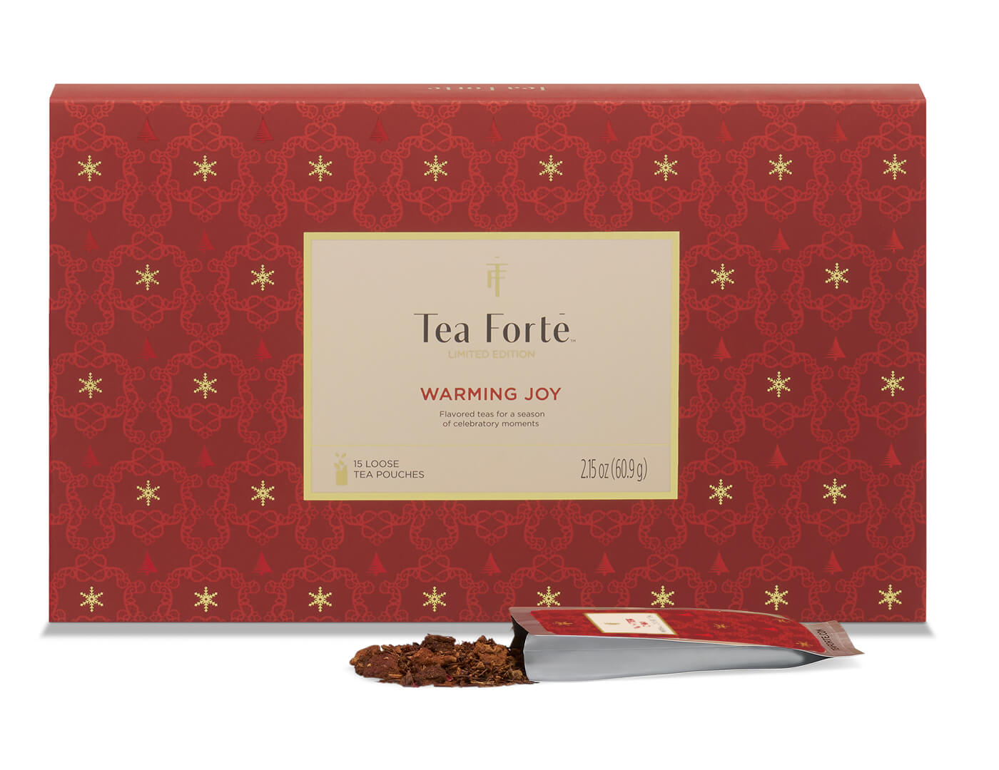 Warming Joy Single Steeps Sampler with tea pouch, open, spilling out tea