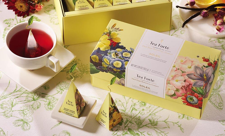 Soleil tea assortment in a 20 count presentation box on spring table