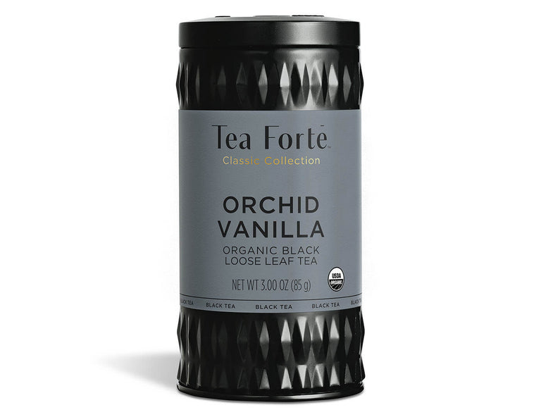 Orchid Vanilla tea in a canister of loose tea