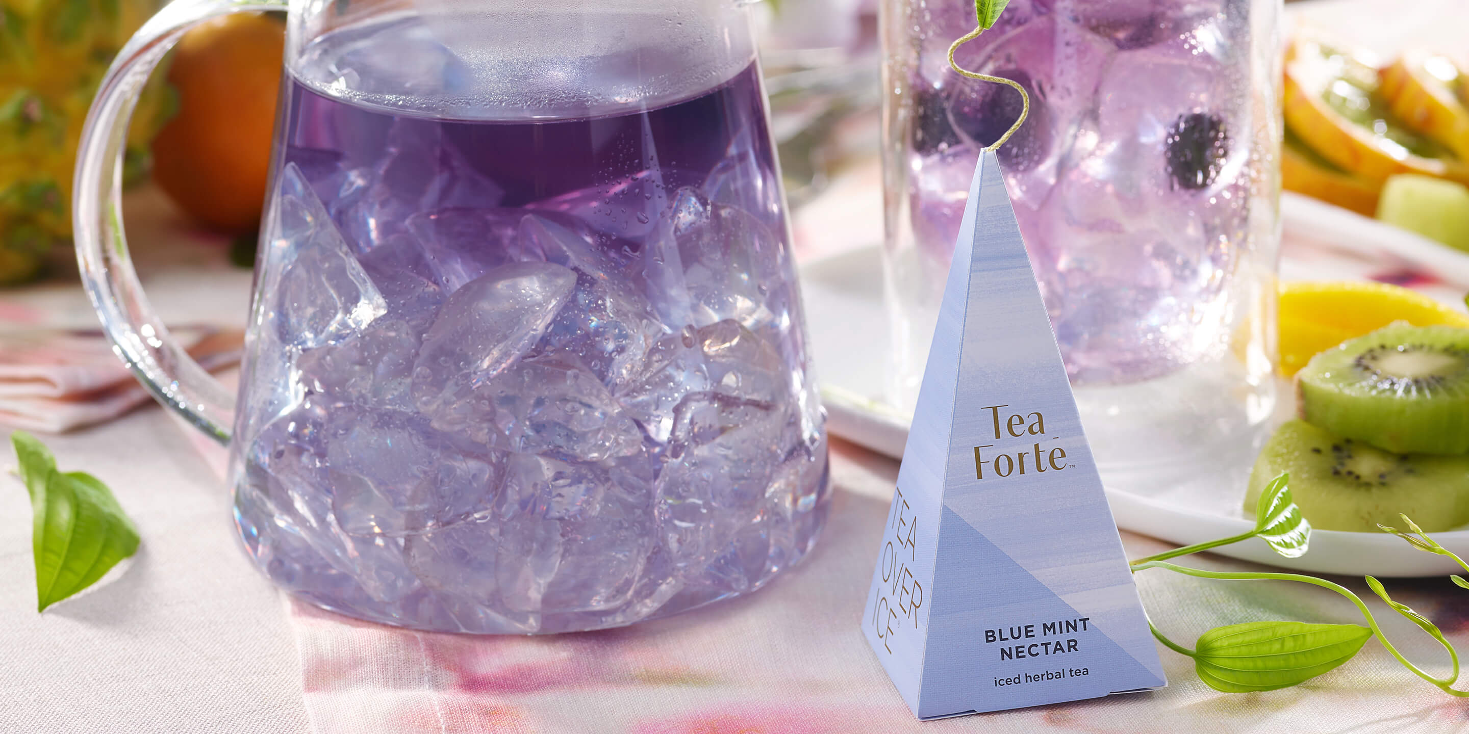 Blue Mint Nectar iced tea infuser and pitcher of brewed tea