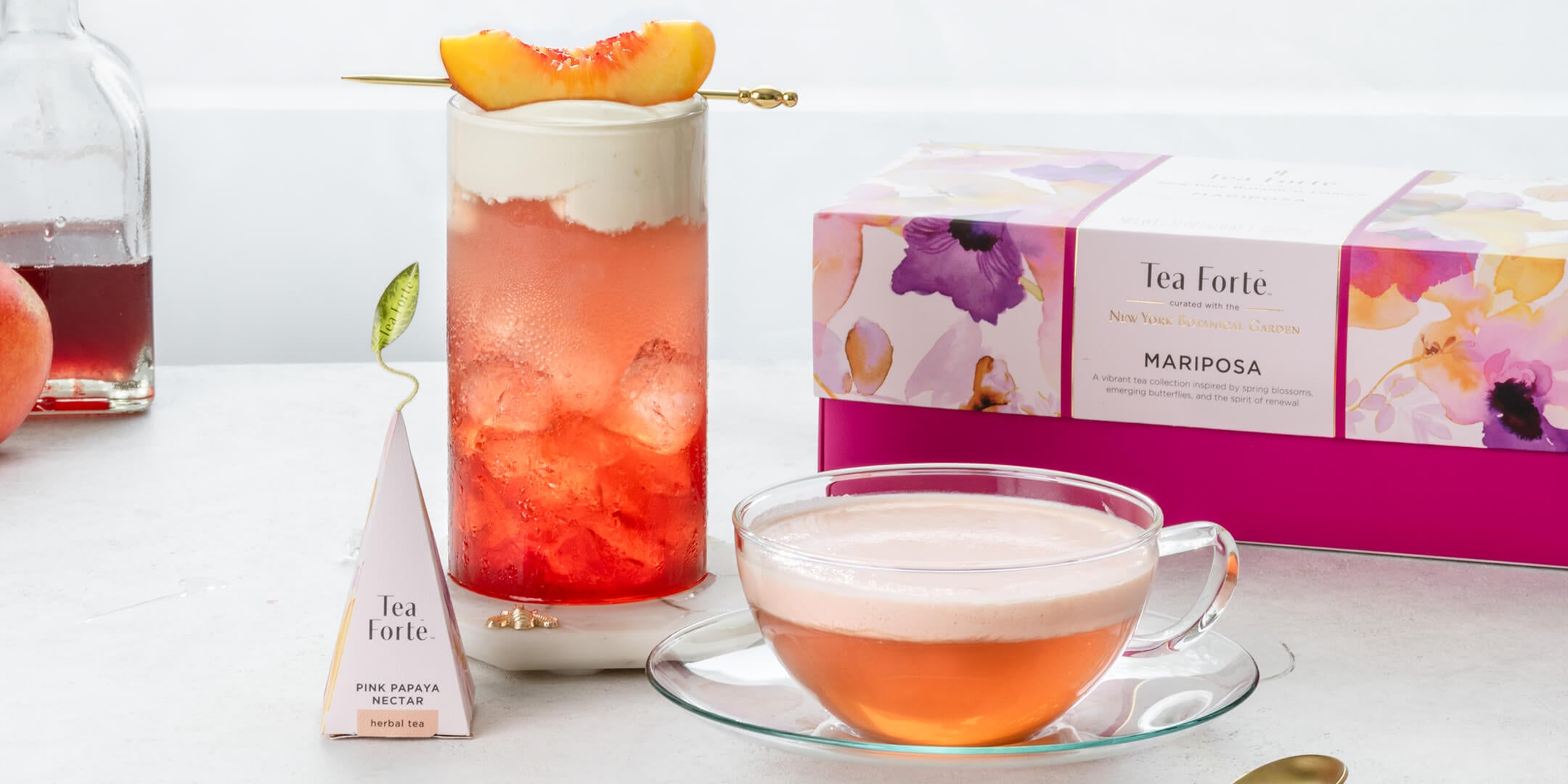 Pink Papaya Nectar Latte, hot and iced with Mariposa PresentationBox