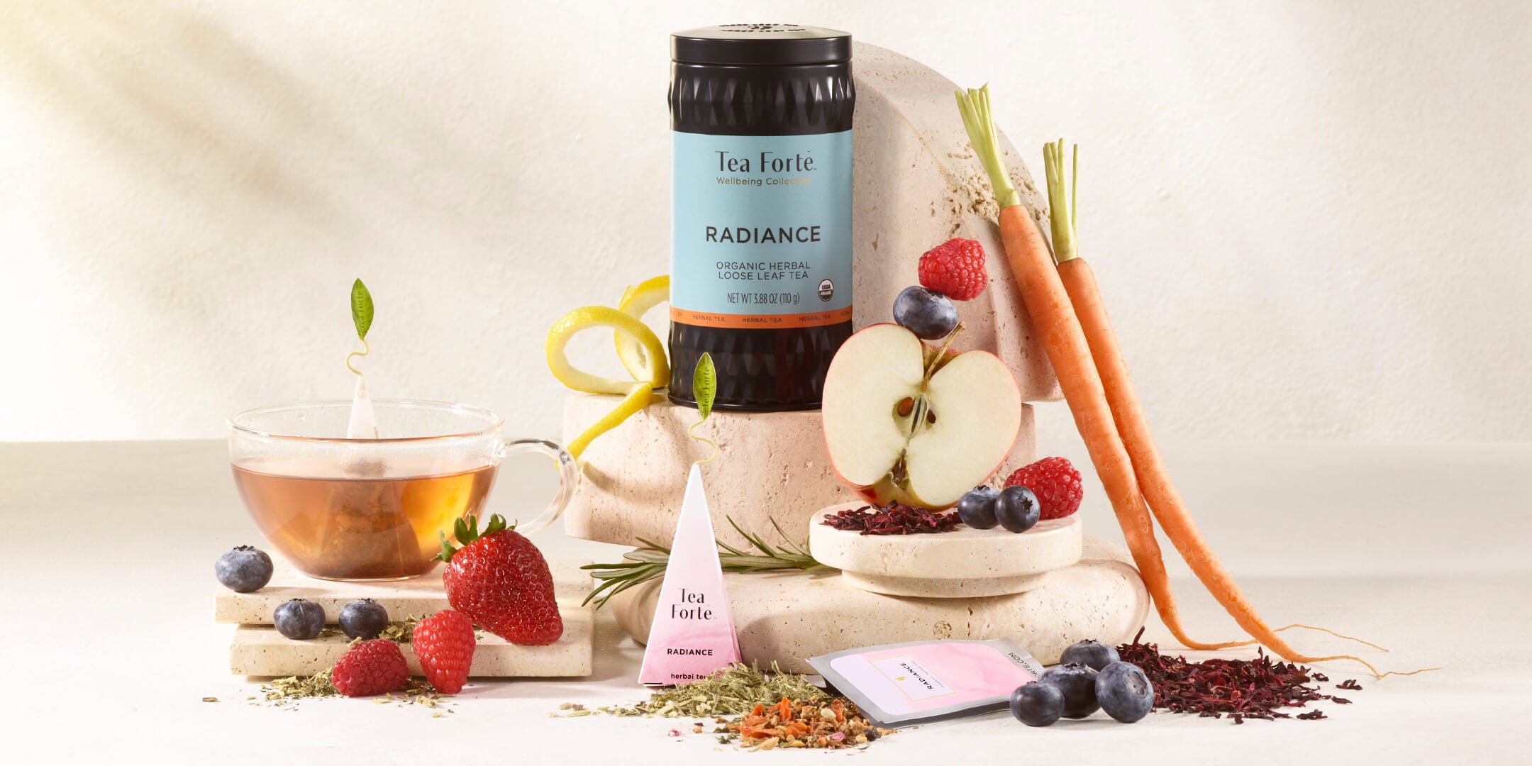 Radiance loose tea canister with ingredients