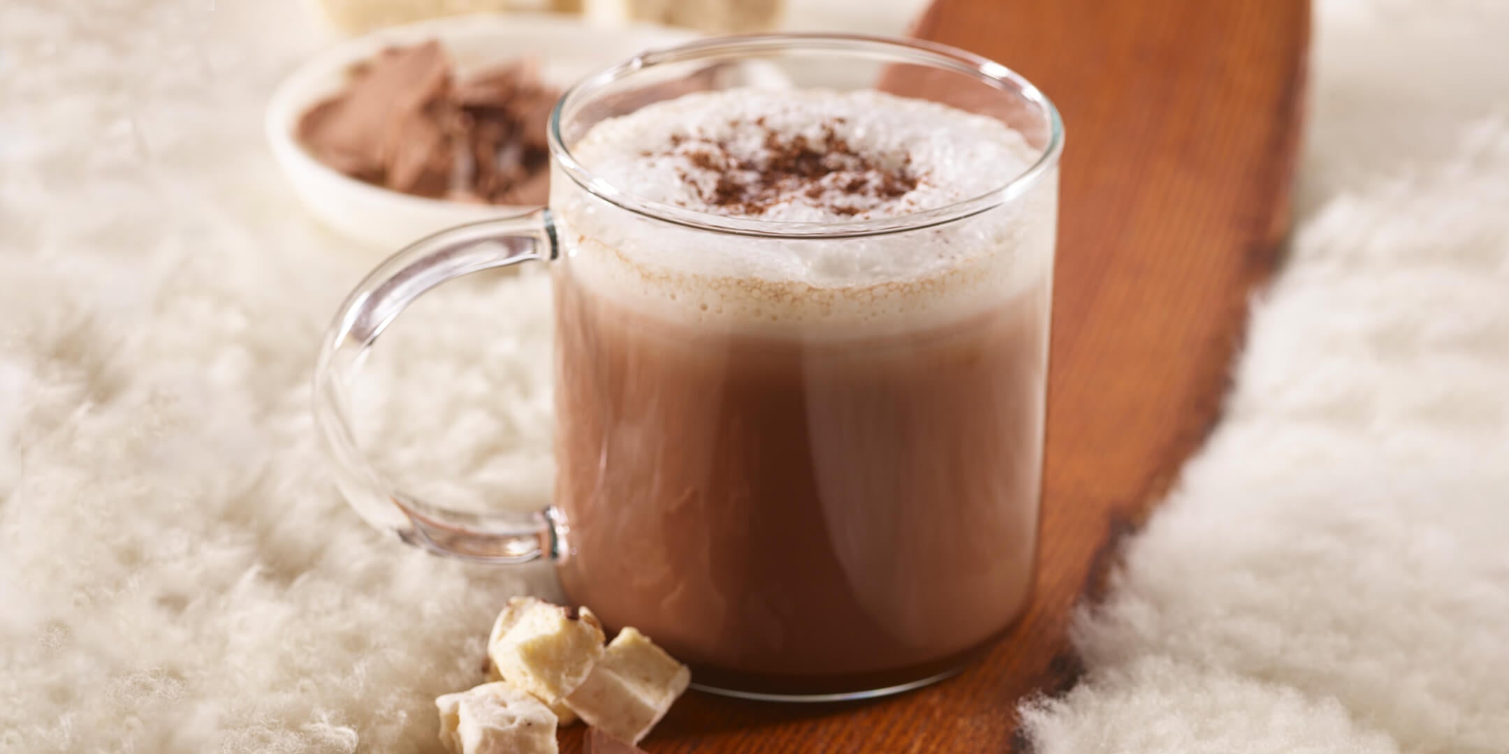 Chocolate Fondue Hot Cocoa in a glass mug with marshmallows