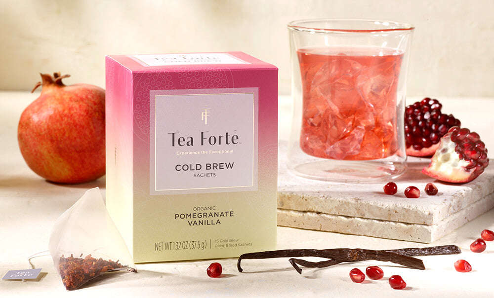 Cold Brew Pomegranate Vanilla box with fresh fruit and cold brew tea in a POOM glass