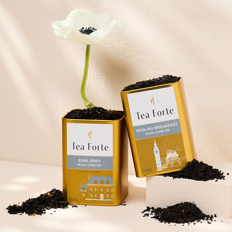 Loose Tea Canisters, English Breakfast and Earl Grey with a flower