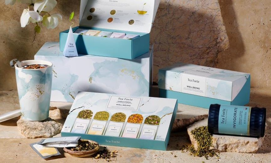 Wellbeing tea collection on a stone background