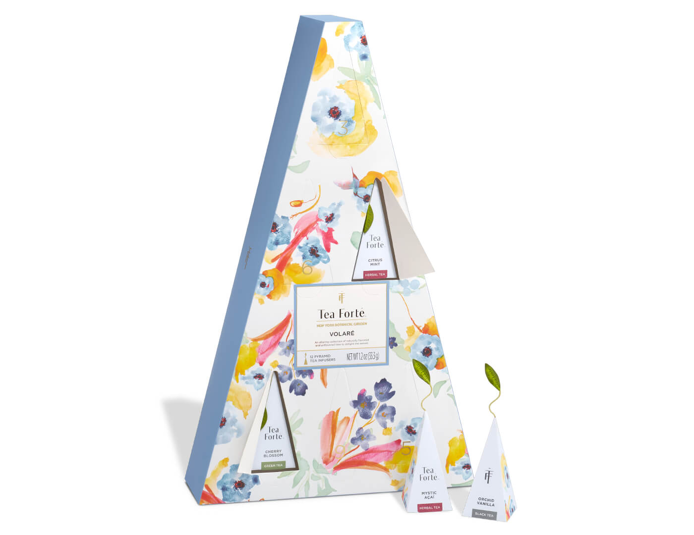 Volare 12 days of Teas box with doors open and pyramid infusers inside