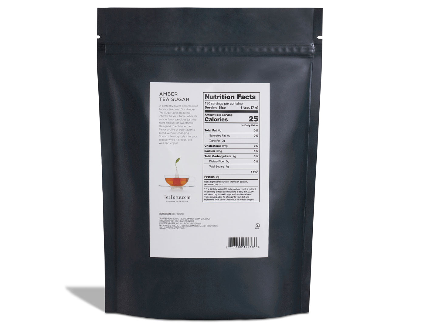 Amber tea sugar in a two pound bag showing nutrition information