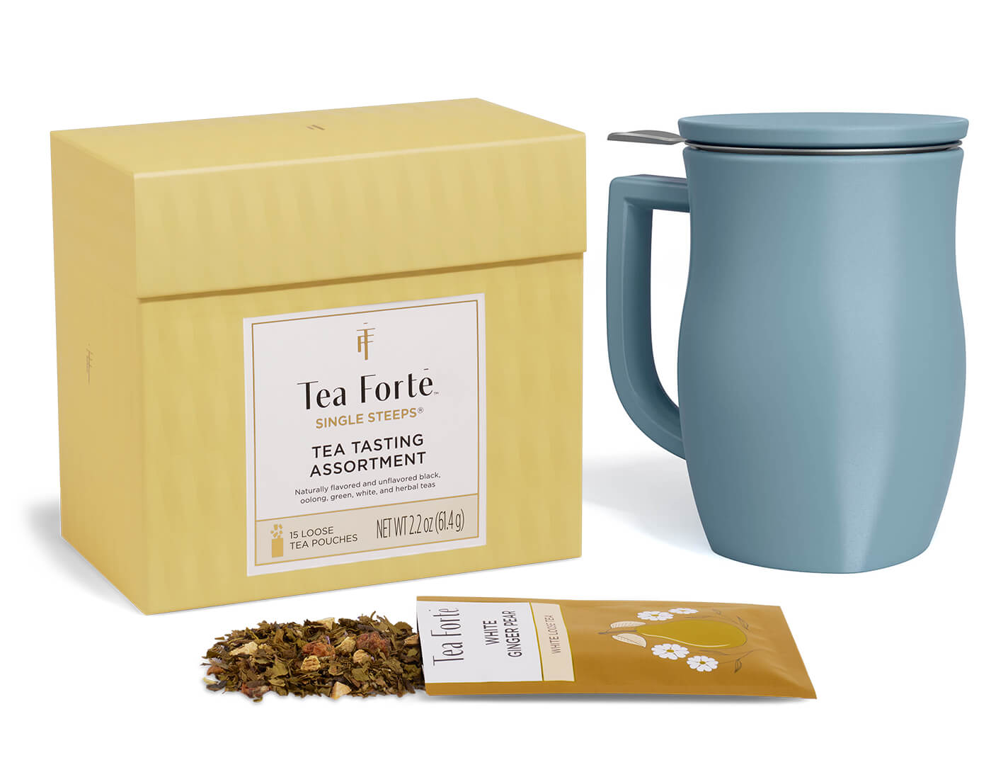 Classic Loose Tea Tasting Set  of 15 loose tea pouches with Fiore Stone Blue Steeping cup