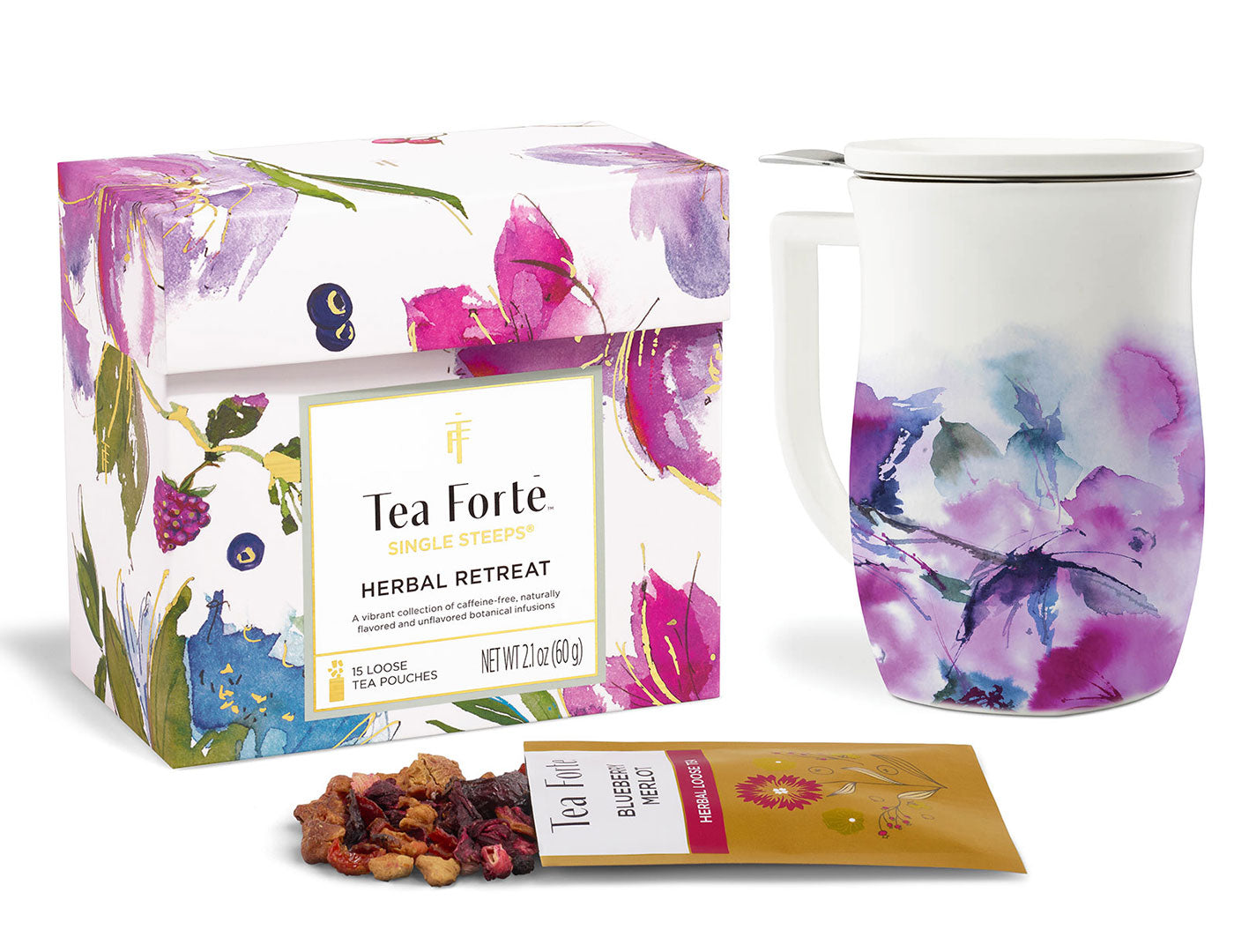 Herbal Retreat Loose Tea Tasting Set Bundle of one Single Steeps Sampler and one Fiore Steeping Cup in Verbena Blossom