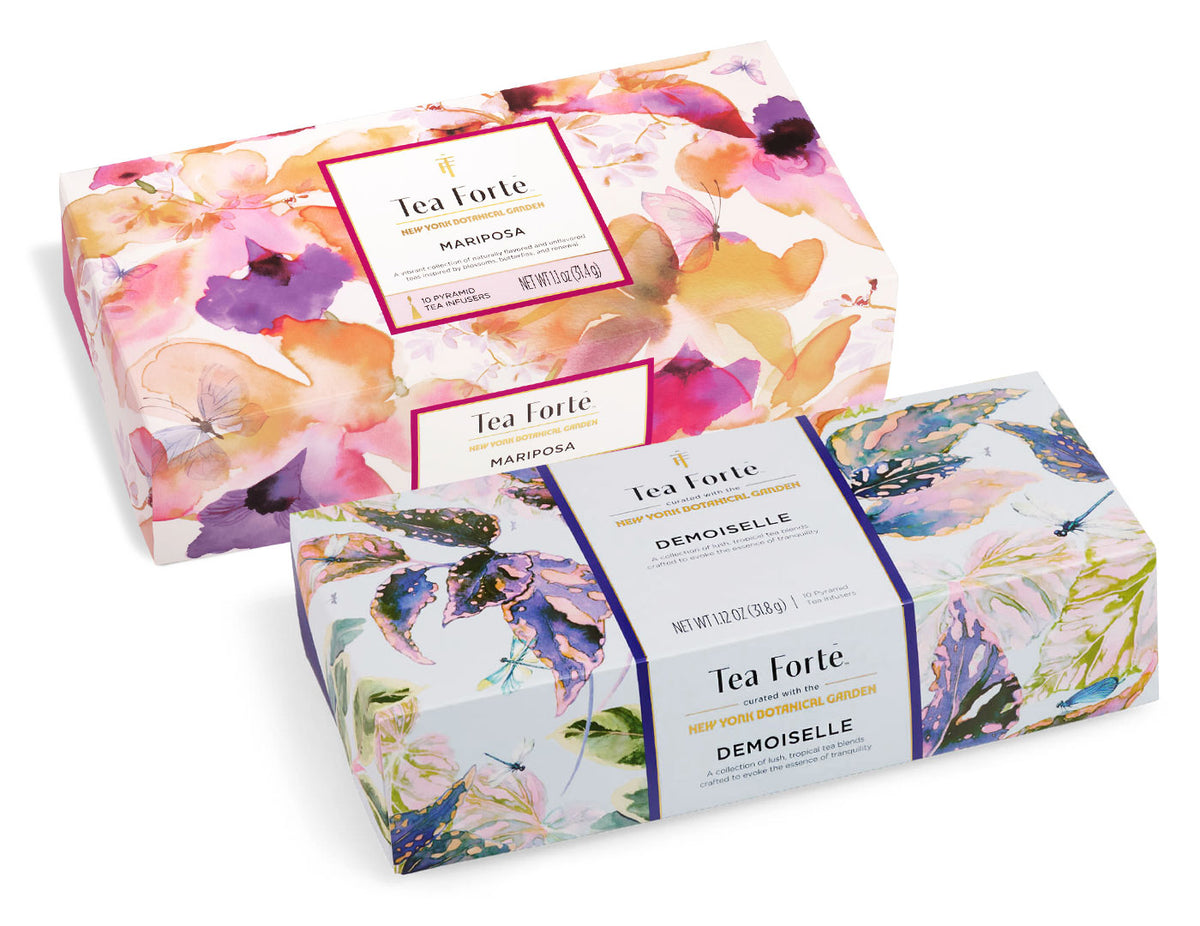 Demoiselle Petite Presentation Box of 10 teas, box closed, and one Mariposa Petite Presentation Box of 10 teas, box closed