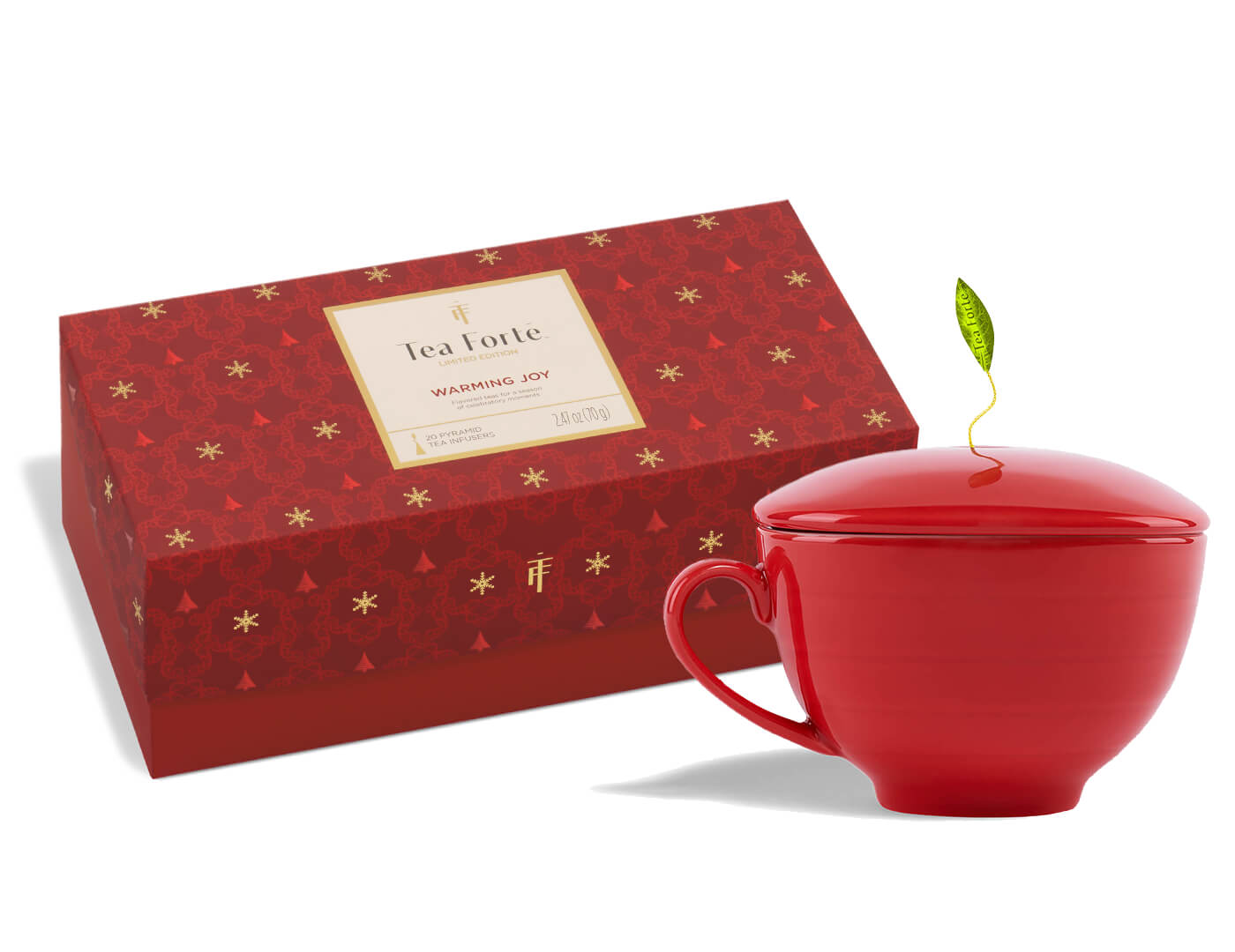 Presentation Box Warming Joy closed and a Ruby Red café Cup
