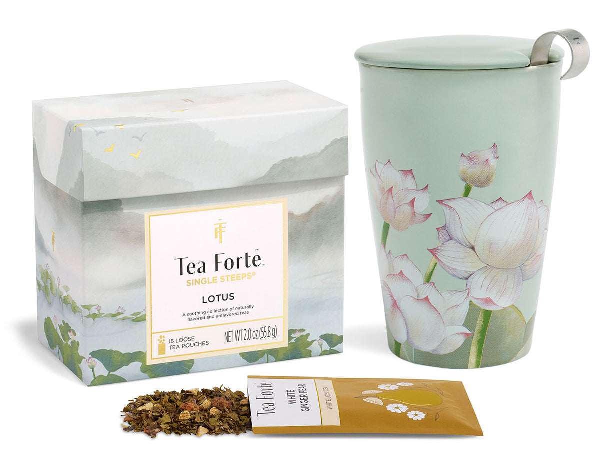 Tea Forte Lotus Loose Tea Tasting Set tea with one Single Steeps Sampler of 15 teas and one KATI Steeping Cup Lotus