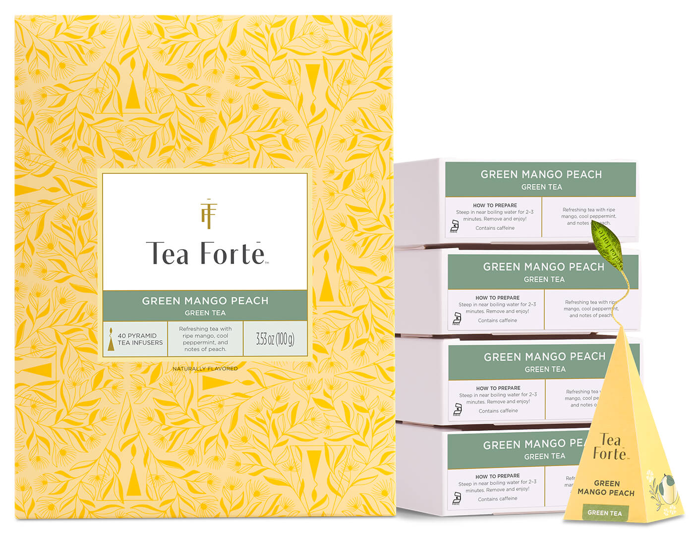 Green Mango Peach Event Box 40ct, open with infuser