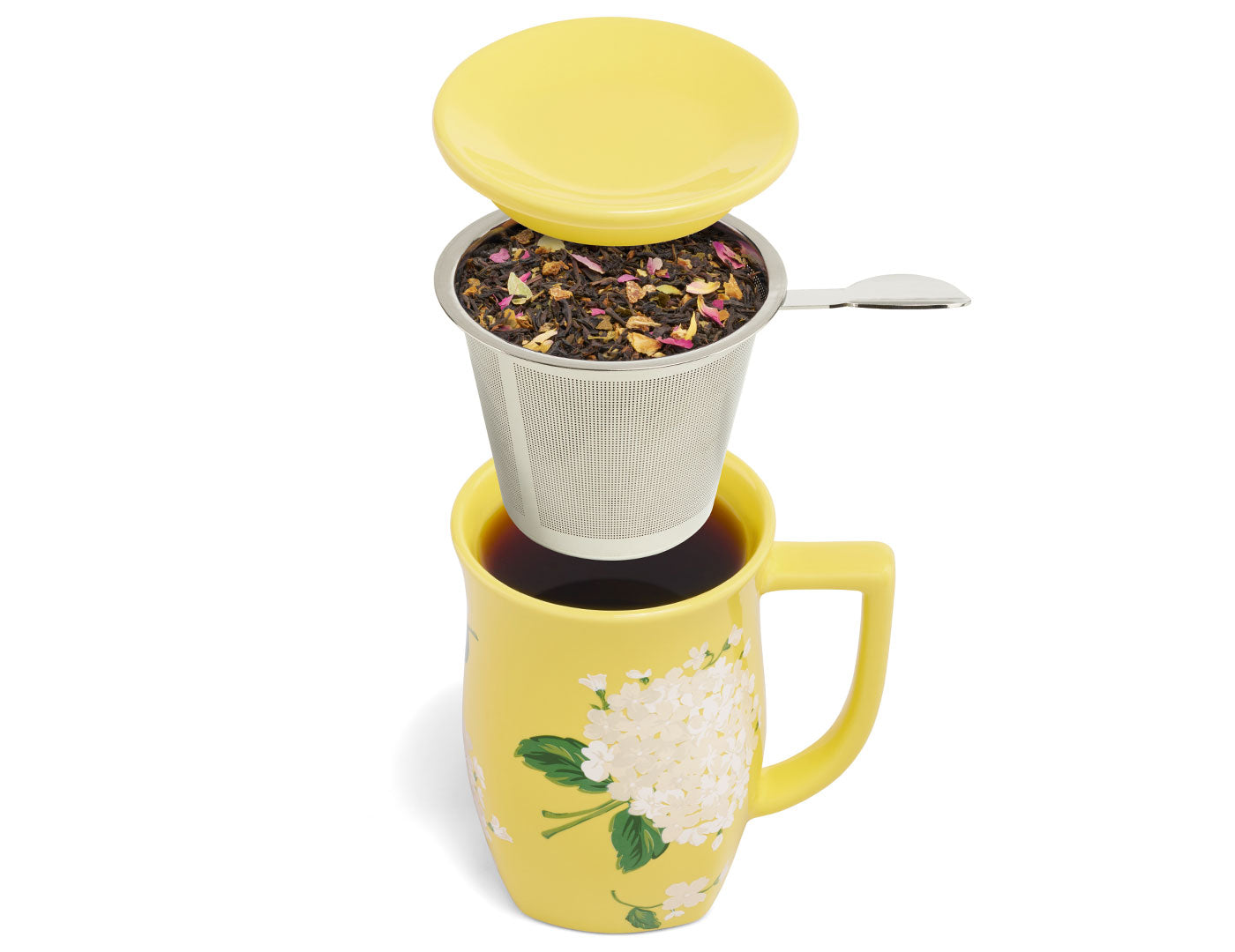 Hydrangea Fiore Steeping Cup, how it works with lid and infuser and tea inside