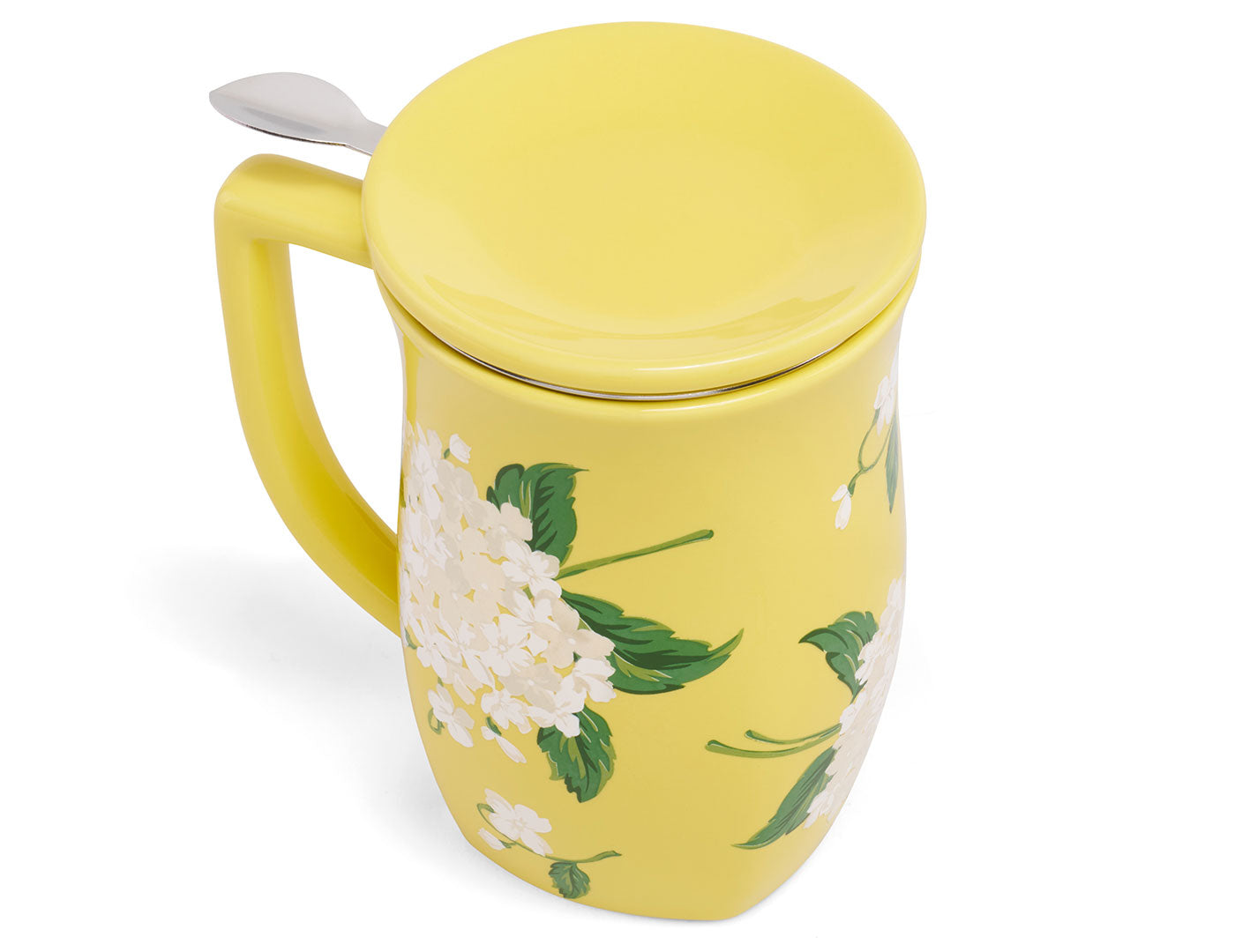 Hydrangea Fiore Steeping cup with lid on top, seen from slightly above