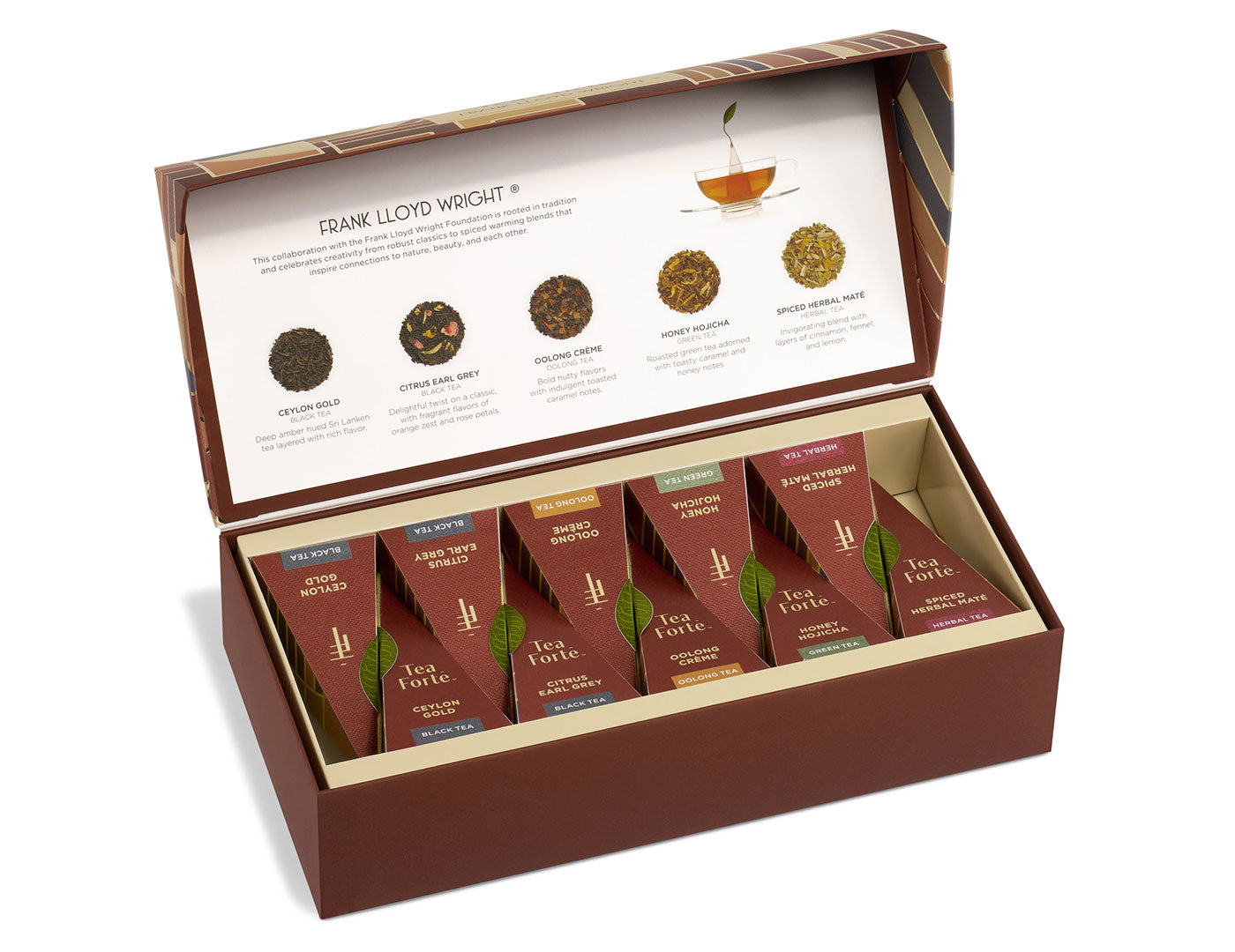 Frank Lloyd Wright Petite Presentation of 10 pyramid infusers, open lid