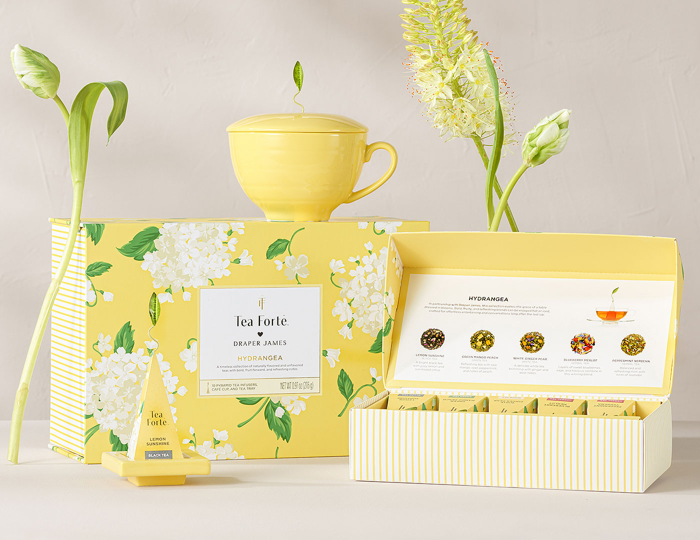 Hydrangea Gift Set, all items out on table with tulips