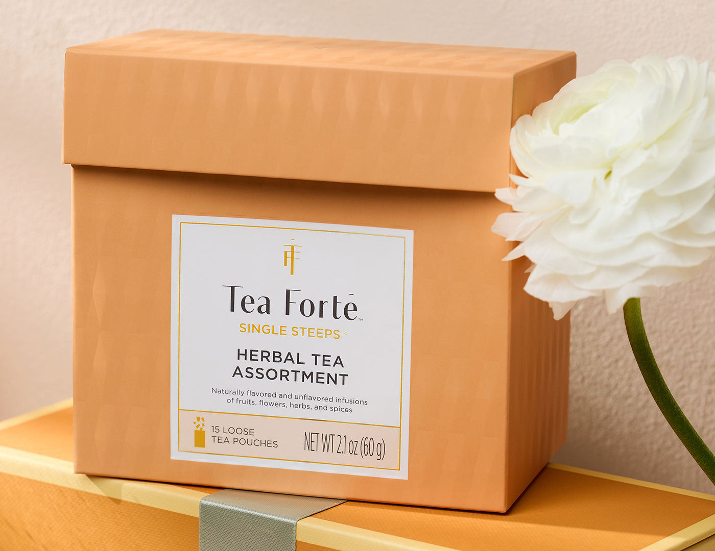 Herbal Tea Tasting Assortment Single Steeps Sampler box of 15 Single Steeps pouches - front of box with flower