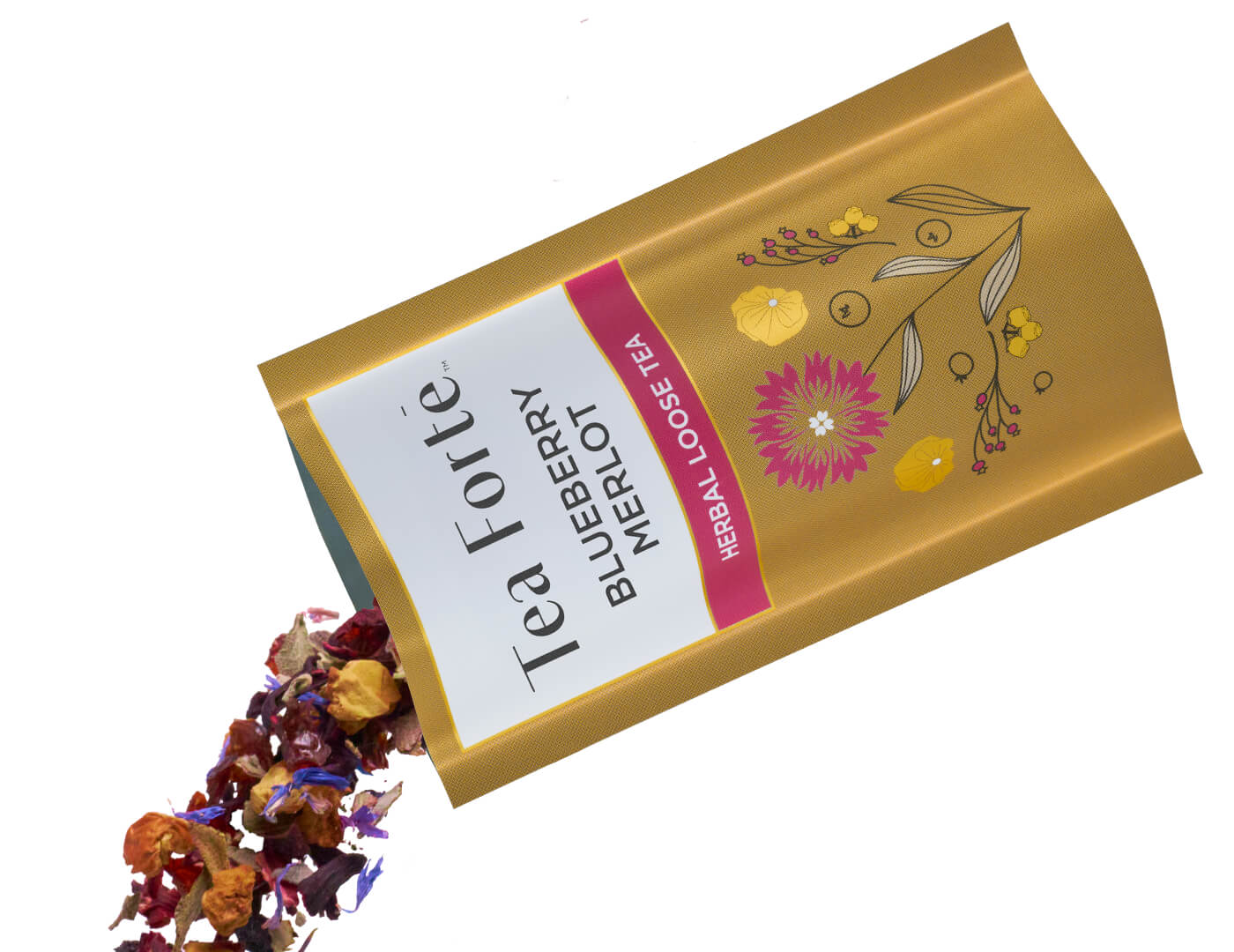 Tea Forte Blueberry Merlot single steeps pouch with loose tea spilling out on a white background