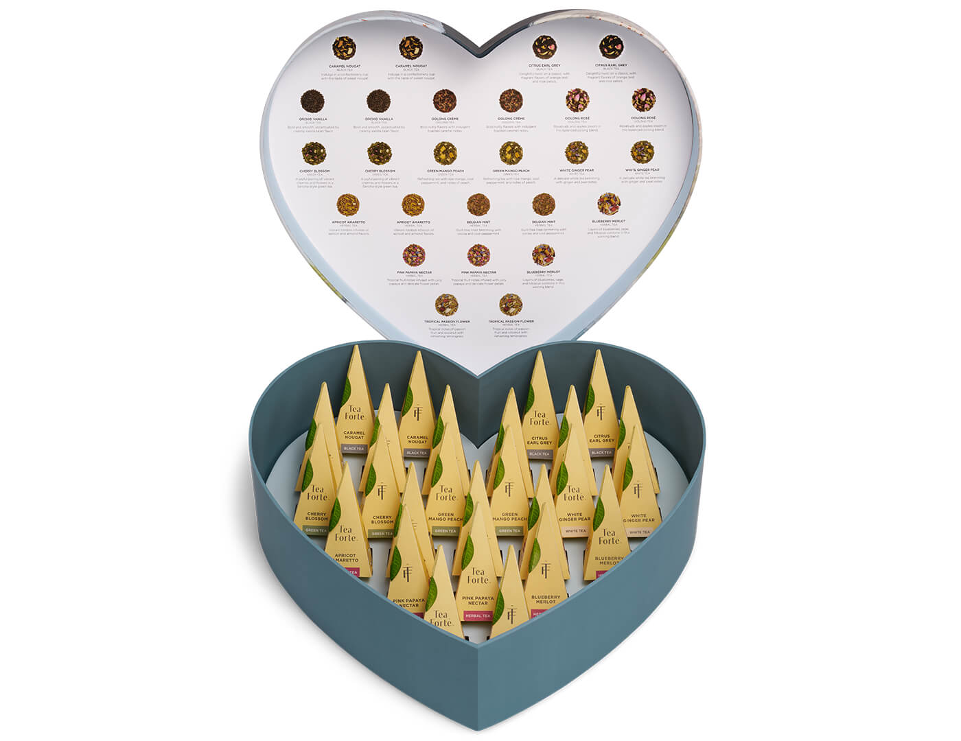 Keepsake Heart Box, Something Blue, of 26 pyramid infusers, lid open