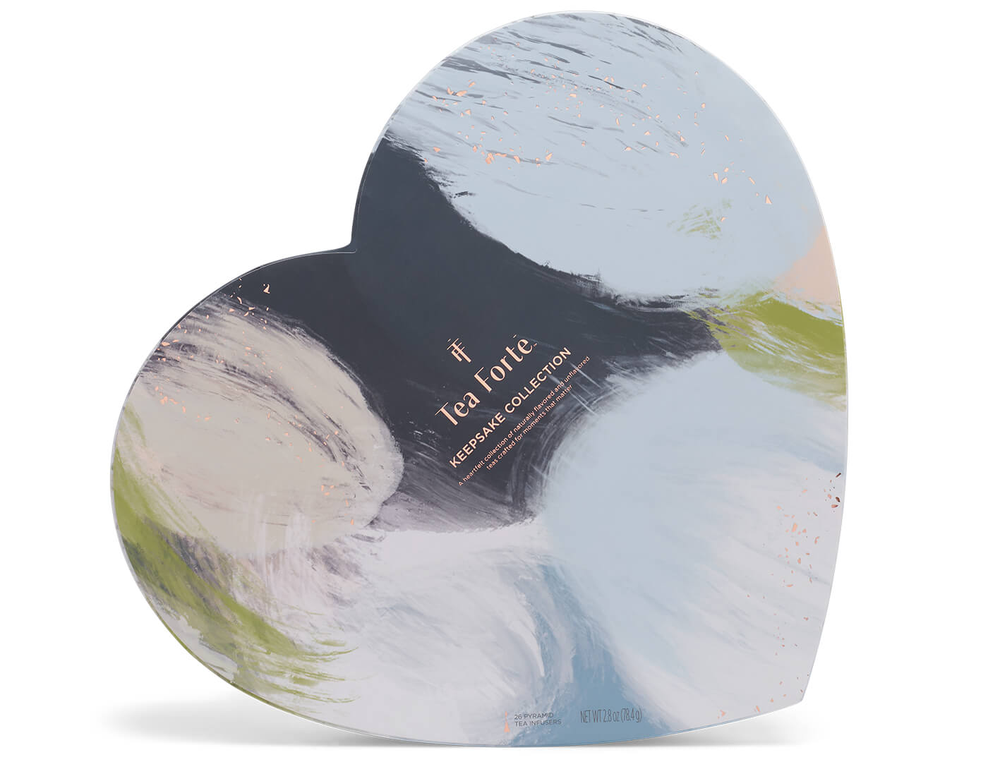 Keepsake Heart Box, Something Blue, of 26 pyramid infusers, lid closed, on its side