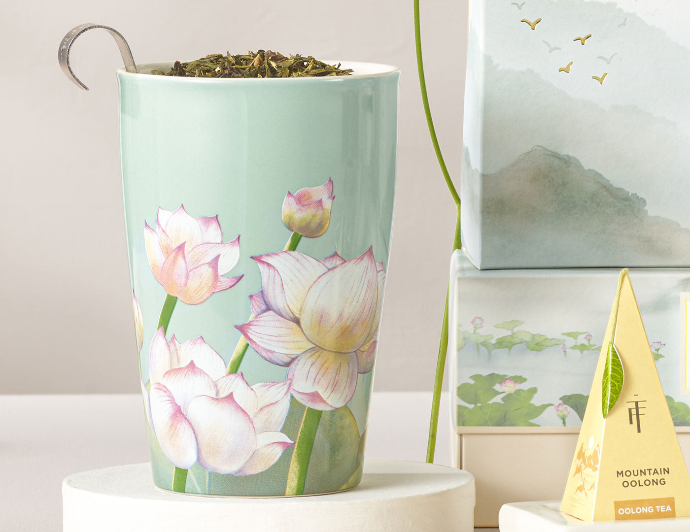 KATI® Steeping Cup & Infuser with Lotus flower pattern, open with infuser