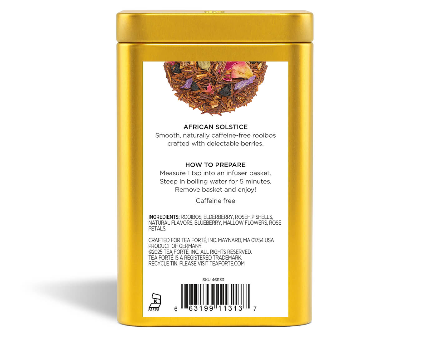 African Solstice tea in a Loose Leaf Tea Canister, back view
