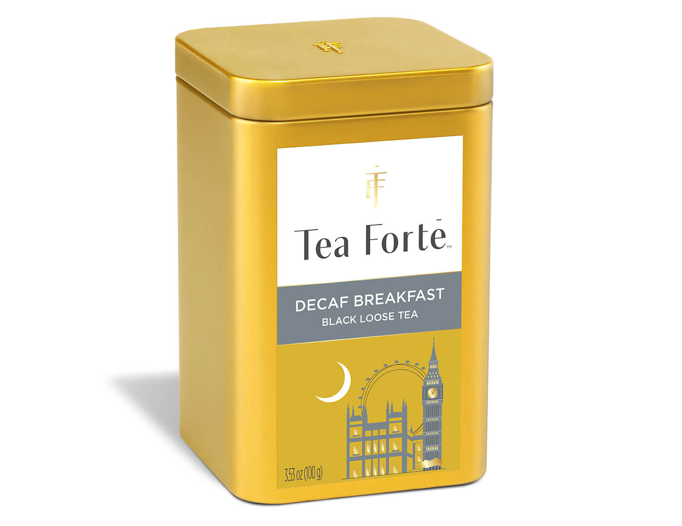 Decaf Breakfast tea in a canister of loose tea - side view