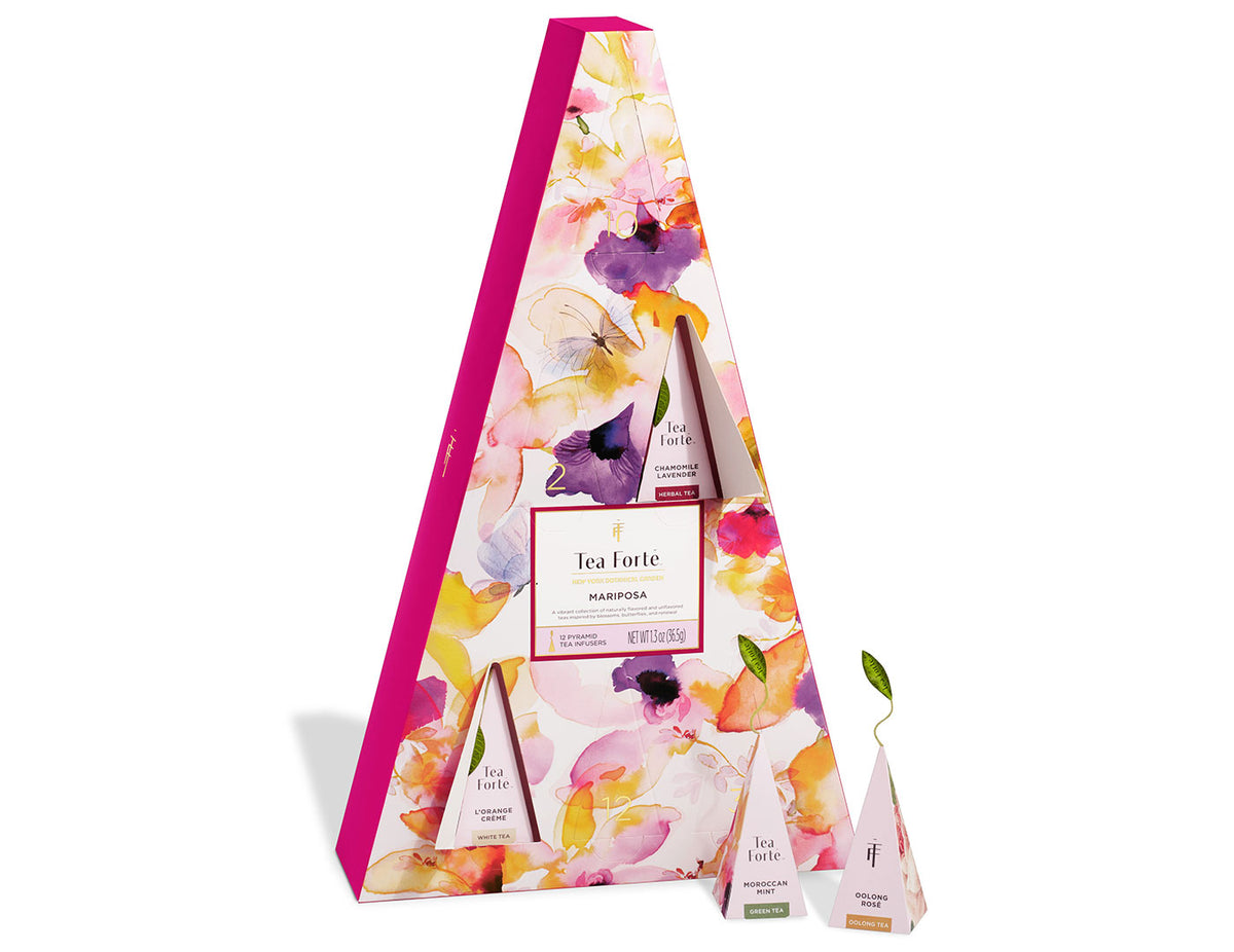 Mariposa Advent - 12 Days of Blissful Teas with a few doors open showing pyramid infusers