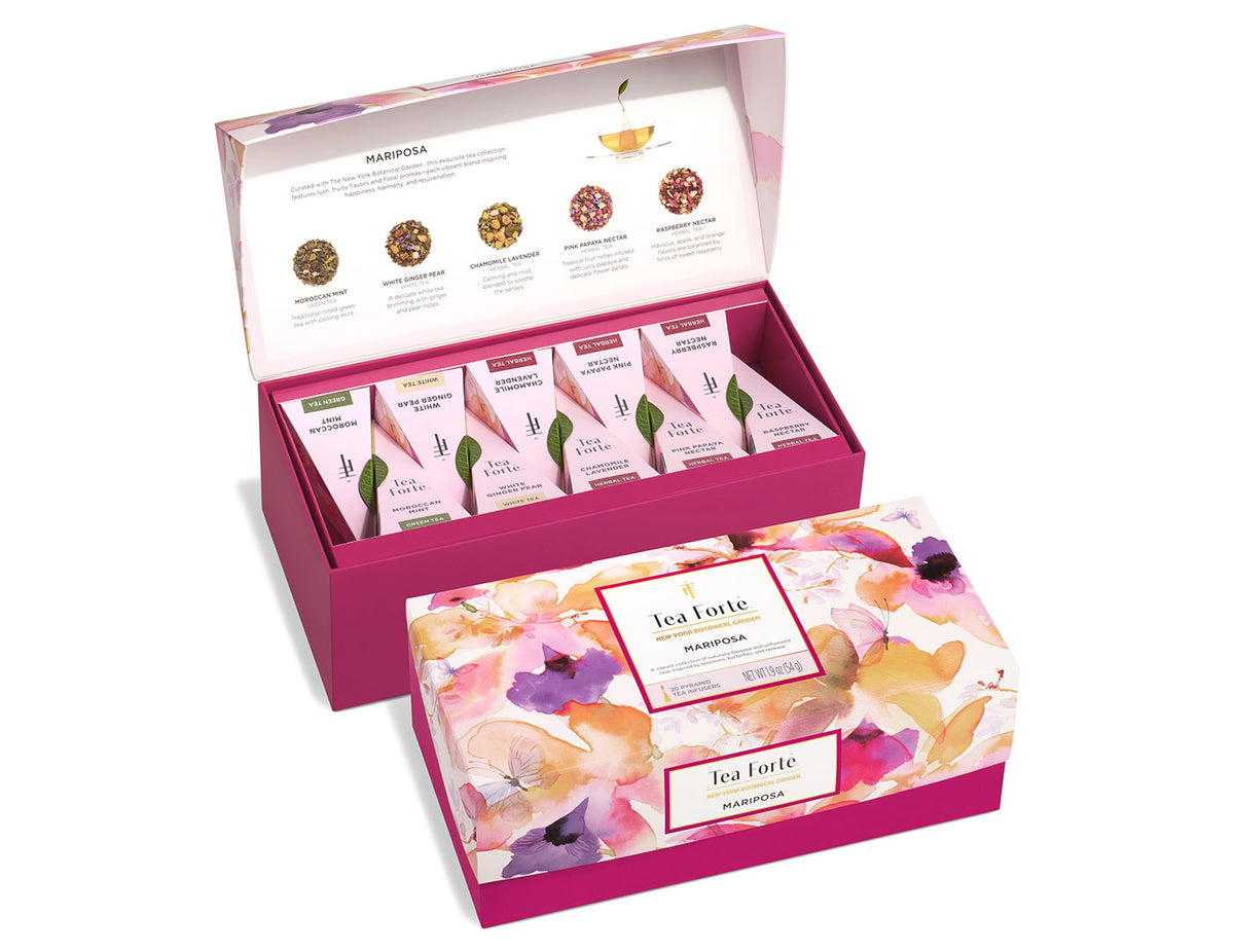 Mariposa Presentation Box of 20 pyramid tea infusers, open and closed boxes