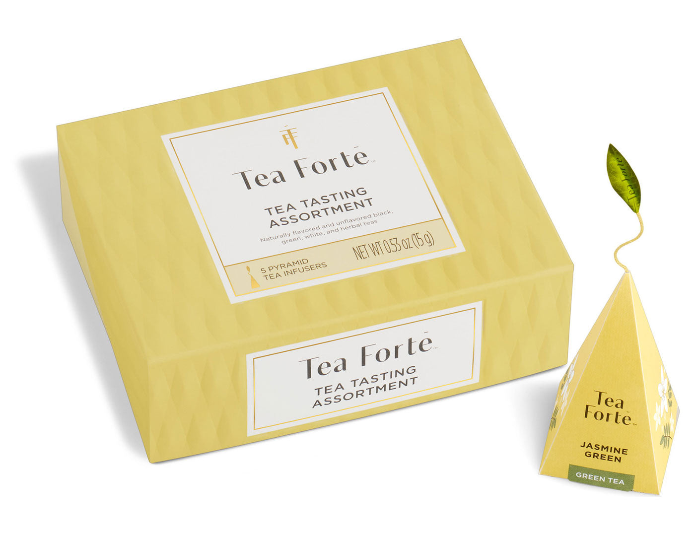 Tea Tasting Assortment Mini Petite Presentation Box, closed with pyramid, includes 5 pyramid infusers