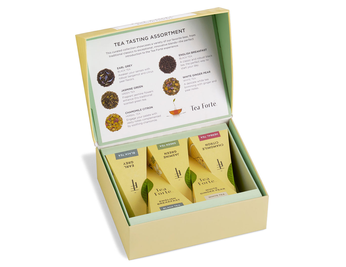 Tea Tasting Assortment Mini Petite Presentation Box, open, includes 5 pyramid infusers