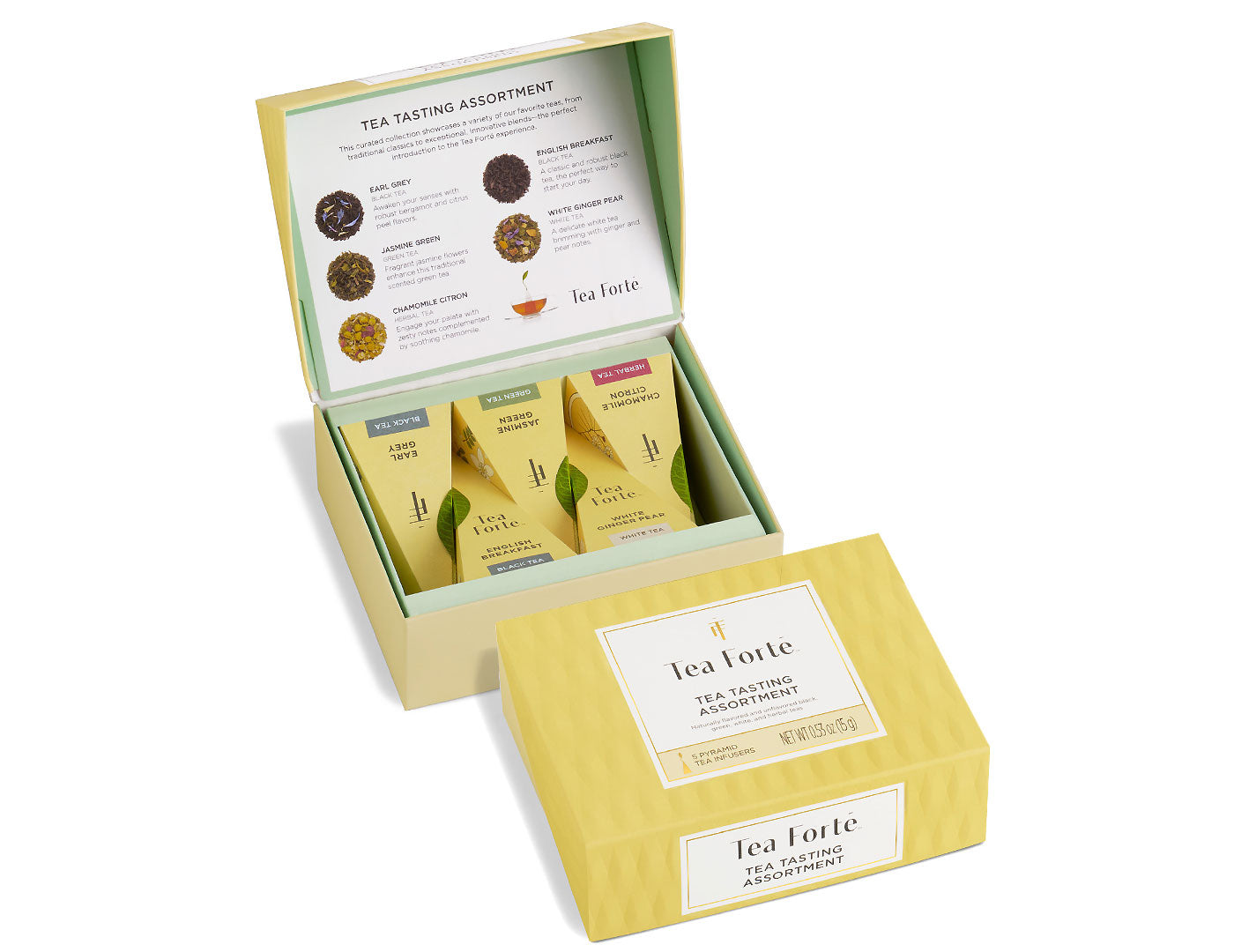 Tea Tasting Assortment Mini Petite Presentation Box, open and closed, includes 5 pyramid infusers