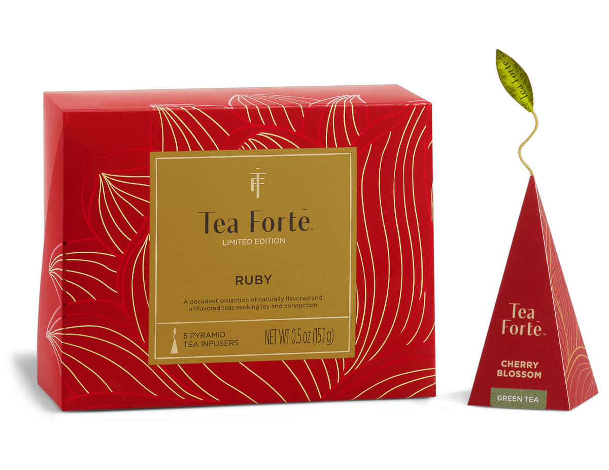 Ruby Mini Petite Box of 5 teas, closed, with pyramid tea infuser