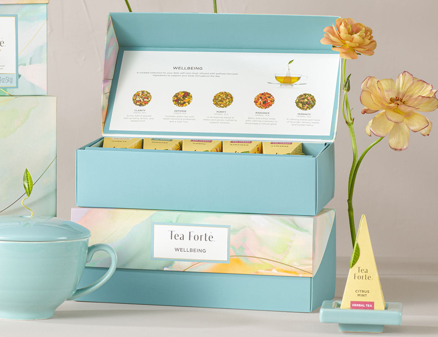 Wellbeing Ptite Presentation Box, on top of Presentation Box, with lid open, alongwith tea tray and Café Cup