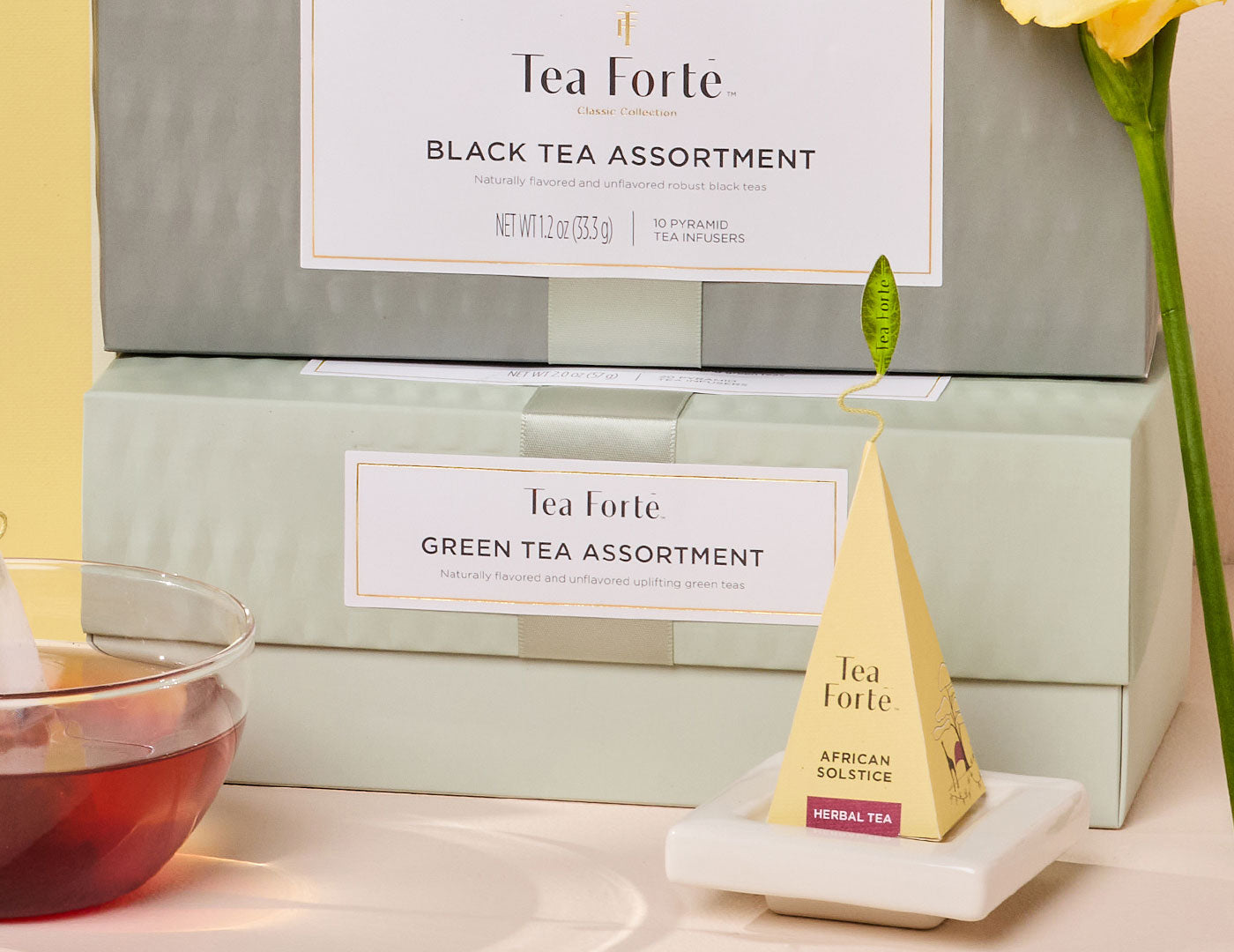 Green Tea Tasting Assortment Presentation Box, closed, with Black Tea Assortment stacked on top, infuser on tray in front