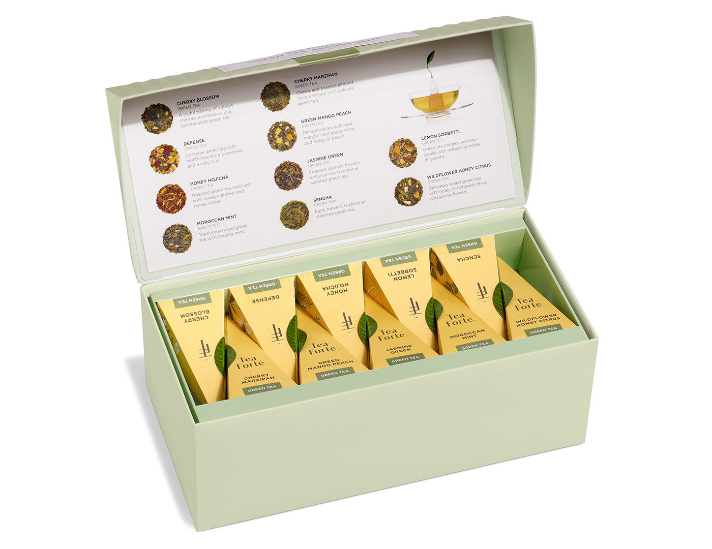 Green Tea Tasting Assortment Presentation Box, open lid