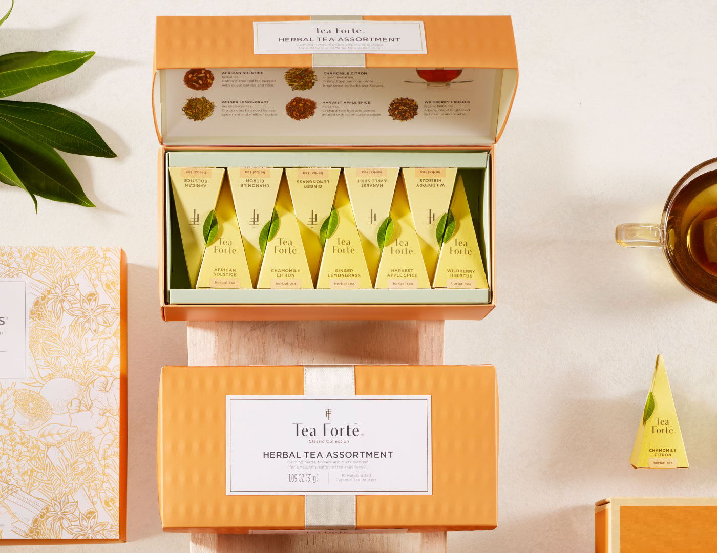 Herbal Presentation Box of 20 teas, shown open and closed with cup and tea and infuser