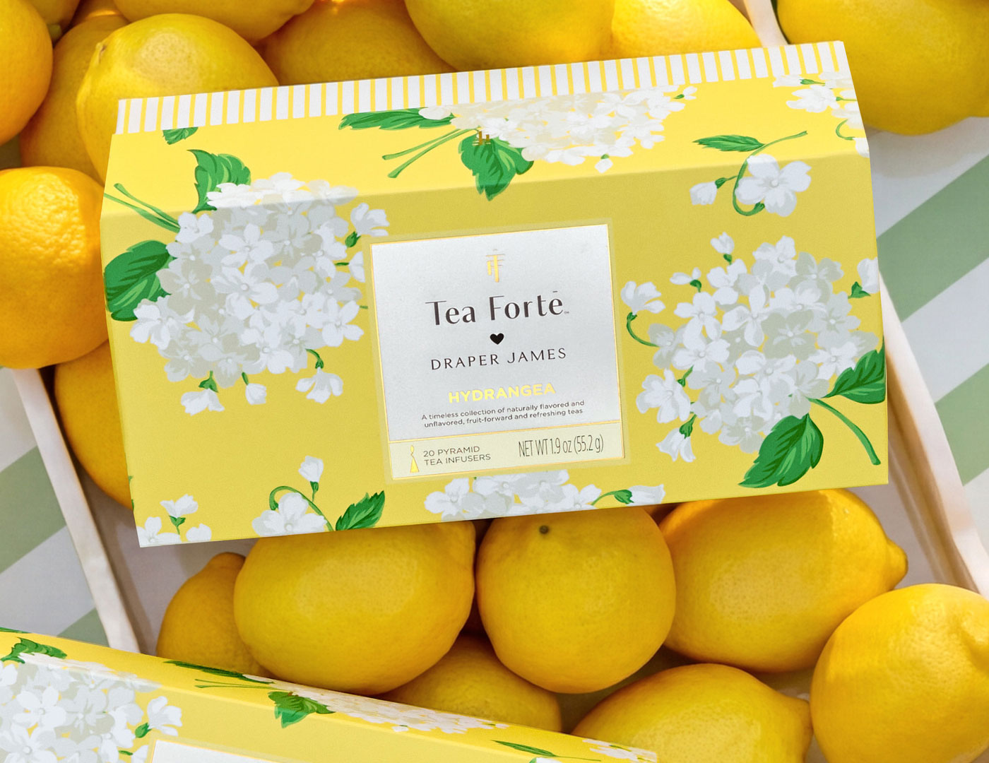 Hydrangea Presentation Box, closed  , laying on top of lemons