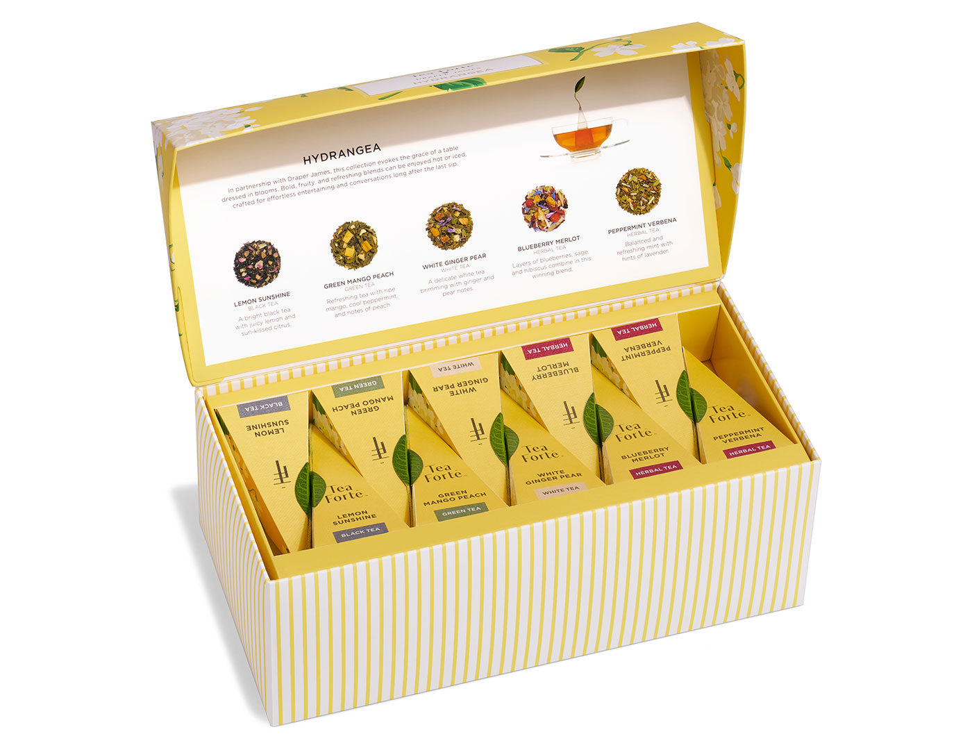 Hydrangea Presentation Box, open box, of 20 pyramid teas