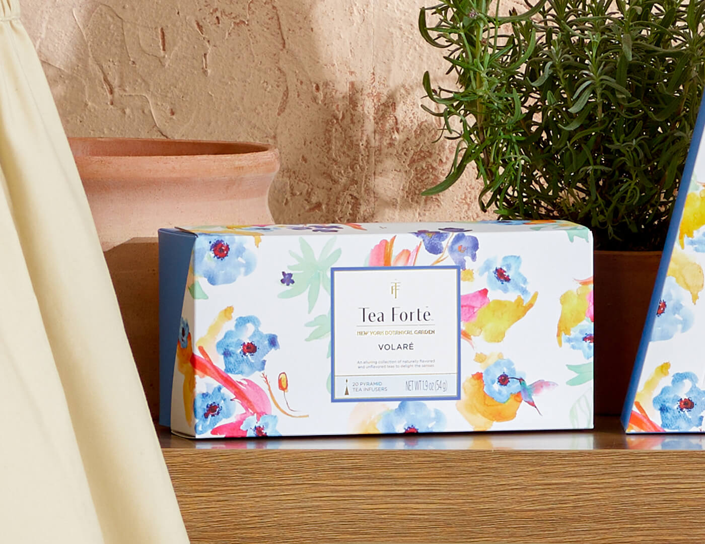 Volare Presentation Box, closed box, of 20 pyramid teas, one wooden table with rosemary plant