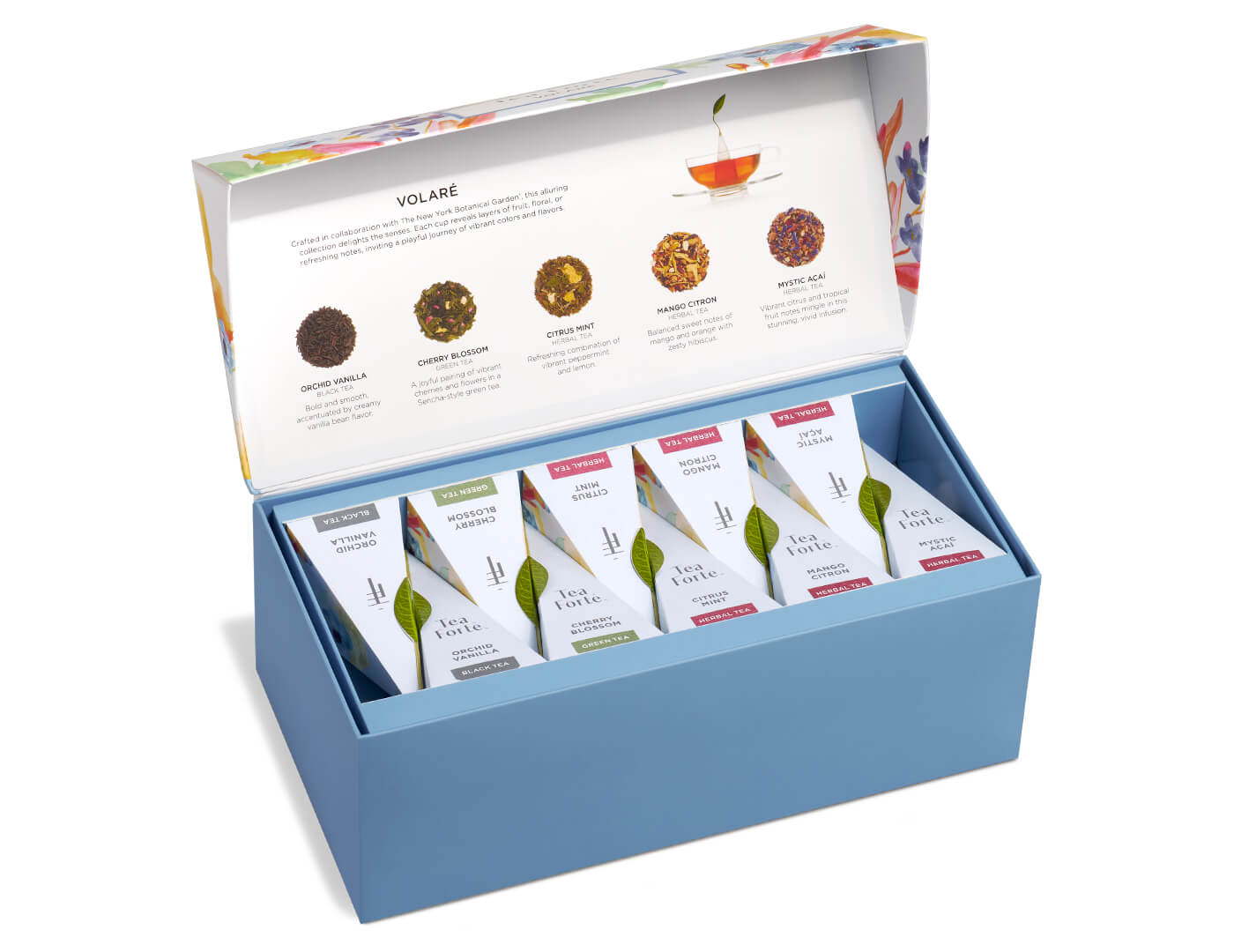 Volare Presentation Box, open box, of 20 pyramid teas