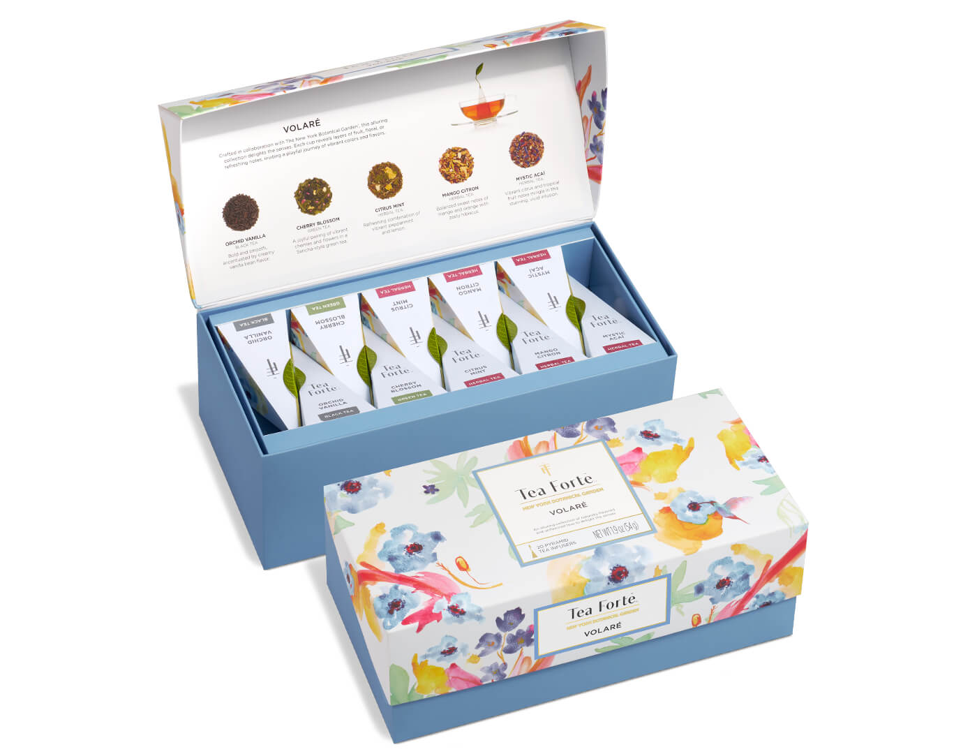 Volare Presentation Box, open and closed box, of 20 pyramid teas