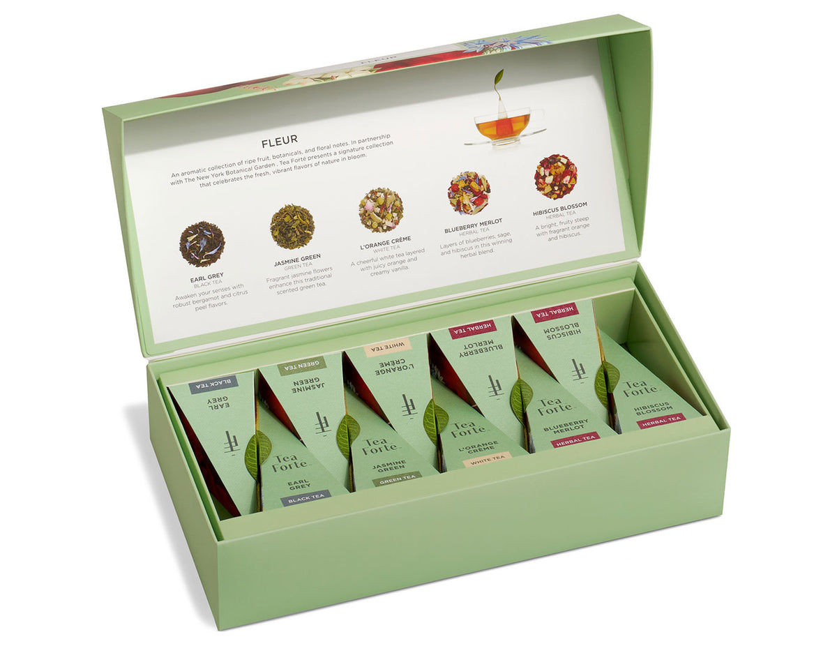 Fleur tea assortment in a 10 count petite presentation box, open