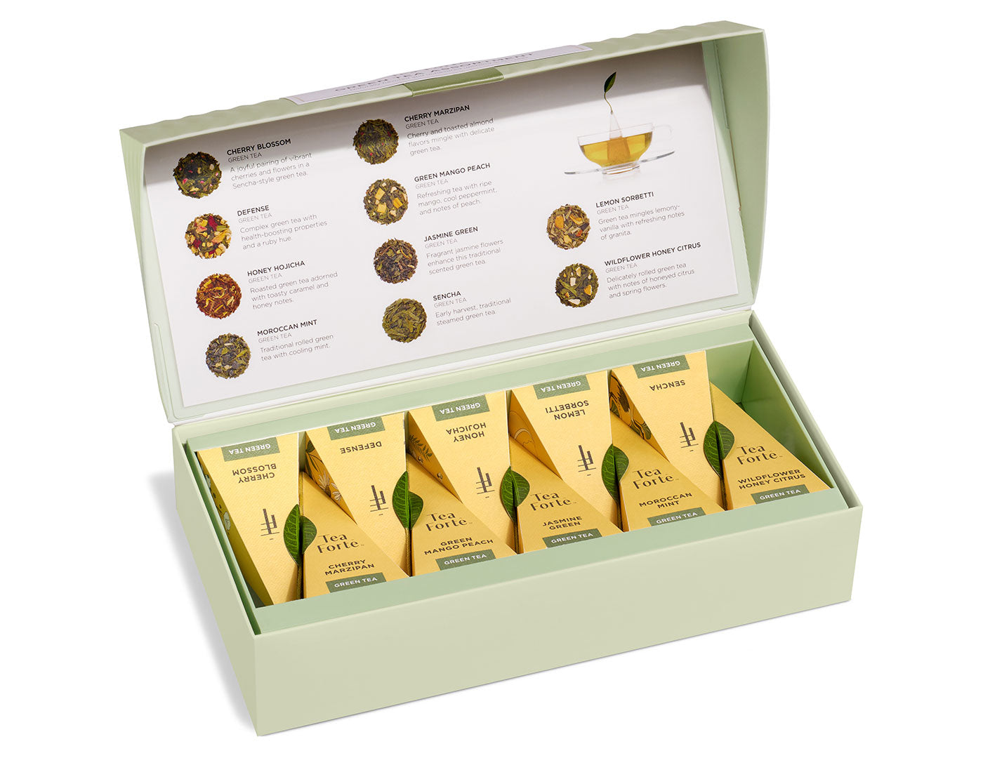 Green Tea Tasting Assortment Petite Presentation Box of 10 green teas, with lid open.