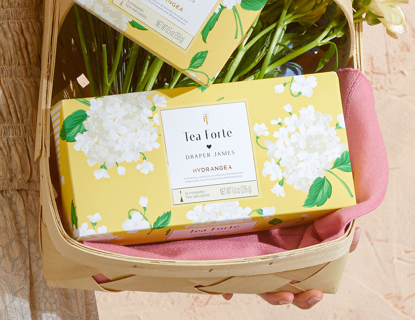 Hydrangea Petite Presentation Box, closed  , inside a basket with other teas and flowers