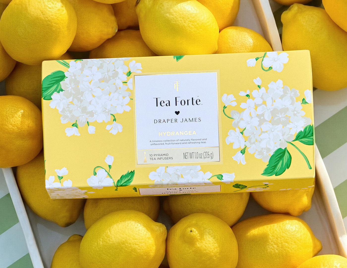 Hydrangea Petite Presentation Box, closed, laying on top of lemons